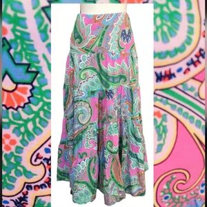 Lauren Ralph Lauren Pink Green Paisley Tiered Skirt. Size S